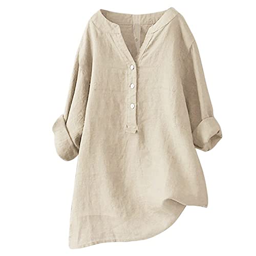 Damen-Shirt, Übergröße, Baumwoll-Leinen, Knopfleiste, Sommerbluse, aufrollbare Ärmel, Tunika, trendig, Boho, Damenkleidung (TYPE - 3, XL) von SUIBOZ