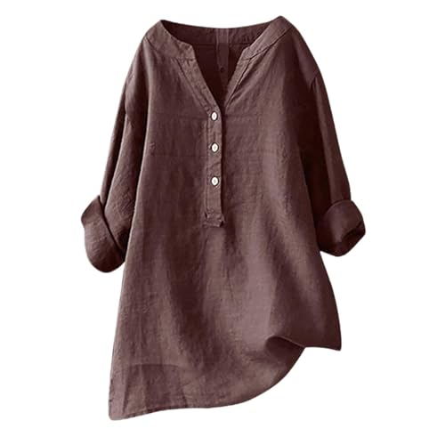Damen-Shirt, Übergröße, Baumwoll-Leinen, Knopfleiste, Sommerbluse, aufrollbare Ärmel, Tunika, trendig, Boho, Damenkleidung (TYPE - 4, 4XL) von SUIBOZ