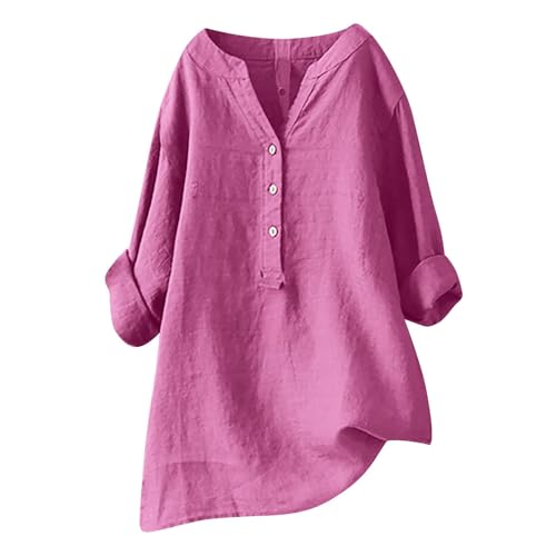 Damen-Shirt, Übergröße, Baumwoll-Leinen, Knopfleiste, Sommerbluse, aufrollbare Ärmel, Tunika, trendig, Boho, Damenkleidung (TYPE - 5, S) von SUIBOZ