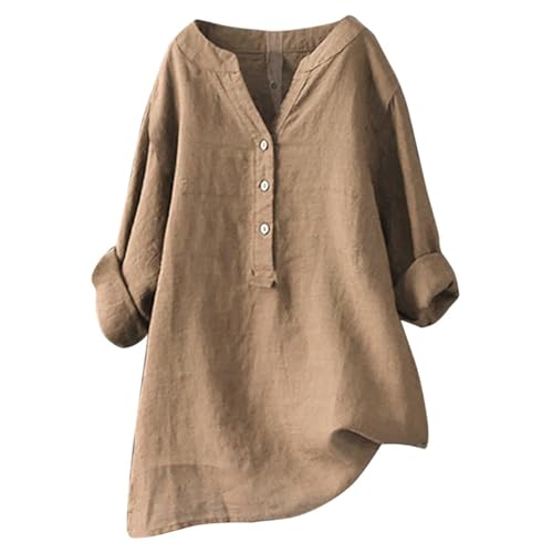 Damen-Shirt, Übergröße, Baumwoll-Leinen, Knopfleiste, Sommerbluse, aufrollbare Ärmel, Tunika, trendig, Boho, Damenkleidung (TYPE - 6, XL) von SUIBOZ