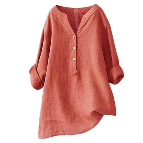 Damen-Shirt, Übergröße, Baumwoll-Leinen, Knopfleiste, Sommerbluse, aufrollbare Ärmel, Tunika, trendig, Boho, Damenkleidung (TYPE - 7, XL) von SUIBOZ