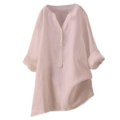 Damen-Shirt, Übergröße, Baumwoll-Leinen, Knopfleiste, Sommerbluse, aufrollbare Ärmel, Tunika, trendig, Boho, Damenkleidung (TYPE - 8, 5XL) von SUIBOZ