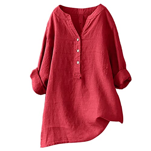 Damen-Shirt, Übergröße, Baumwoll-Leinen, Knopfleiste, Sommerbluse, aufrollbare Ärmel, Tunika, trendig, Boho, Damenkleidung (Typ - 19, S) von SUIBOZ