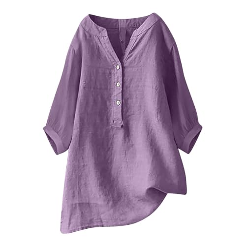 Damen-Shirt, Übergröße, Baumwolle, Leinen, Knopfleiste, Sommerbluse, aufrollbare Ärmel, Tunika, trendig, Boho, Damen-Kleidung (TYPE - 2, 5XL) von SUIBOZ