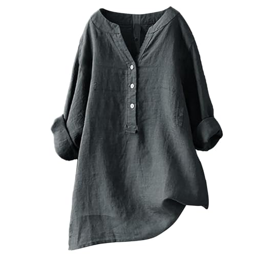 Damen-Shirt, Übergröße, Baumwolle, Leinen, Knopfleiste, Sommerbluse, aufrollbare Ärmel, Tunika, trendig, Boho, Damenkleidung (TYPE - 15, M) von SUIBOZ