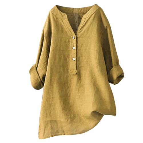 Damen-Shirt, Übergröße, Baumwolle, Leinen, Knopfleiste, Sommerbluse, aufrollbare Ärmel, Tunika, trendig, Boho, Damenkleidung (TYPE - 26, M) von SUIBOZ