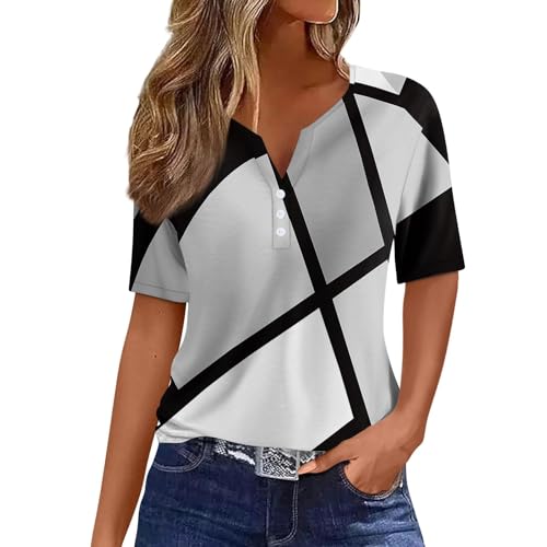 Damen-Sommer-Top, V-Ausschnitt, Button-Down-Body, Oberteil, kurzärmelig, T-Shirt, Blumendruck, Tunika, Bluse, Hemden (Typ – 14, 3XL) von SUIBOZ