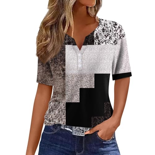 Damen-Sommer-Top, V-Ausschnitt, Button-Down-Body, Oberteil, kurzärmelig, T-Shirt, Blumendruck, Tunika, Bluse, Hemden (Typ – 20, S) von SUIBOZ