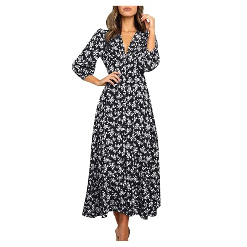 Damen-Sommerkleid, lässig, Boho, Wickelkleid, V-Ausschnitt, Rüschen, 3/4-Ärmel, Strand, Cocktail, fließend, plissiert, A-Linie, Maxikleid (Marineblau, B, XL) von SUIBOZ