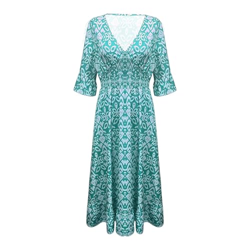 Damen-Sommerkleid, lässig, Boho-Stil, Wickelkleid, V-Ausschnitt, Rüschen, 3/4-Ärmel, Strand, Cocktail, fließend, plissiert, A-Linie, Maxikleid (Blau, M) von SUIBOZ