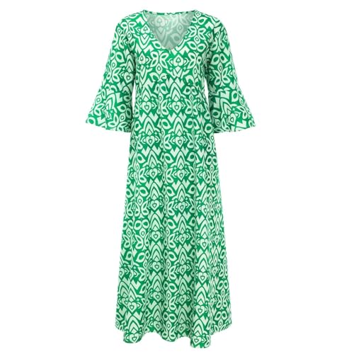 Damen-Sommerkleid, lässig, Boho-Stil, Wickelkleid, V-Ausschnitt, Rüschen, 3/4-Ärmel, Strand, Cocktail, fließend, plissiert, A-Linie, Maxikleid (Grün, Größe 3XL) von SUIBOZ