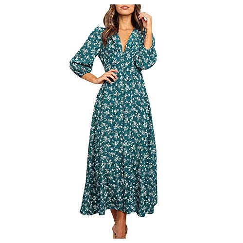 Damen-Sommerkleid, lässig, Boho-Stil, Wickelkleid, V-Ausschnitt, Rüschen, 3/4-Ärmel, Strand, Cocktail, fließend, plissiert, A-Linie, Maxikleid (Grün - B, S) von SUIBOZ