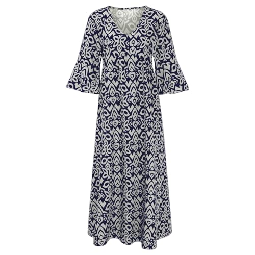 Damen-Sommerkleid, lässig, Boho-Stil, Wickelkleid, V-Ausschnitt, Rüschen, 3/4-Ärmel, Strand, Cocktail, fließend, plissiert, A-Linie, Maxikleid (Marineblau, L) von SUIBOZ