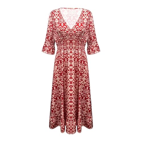 Damen-Sommerkleid, lässig, Boho-Stil, Wickelkleid, V-Ausschnitt, Rüschen, 3/4-Ärmel, Strand, Cocktail, fließend, plissiert, A-Linie, Maxikleid (Rot, Größe 3XL) von SUIBOZ