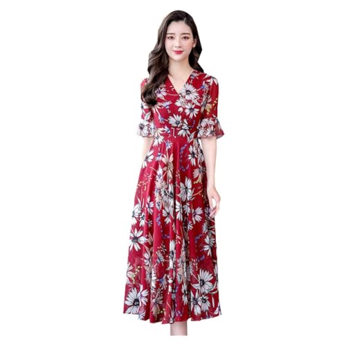 Damen-Sommerkleid, lässig, Boho-Stil, Wickelkleid, V-Ausschnitt, Rüschen, 3/4-Ärmel, Strand, Cocktail, fließend, plissiert, A-Linie, Maxikleid (Rot - A, 3XL) von SUIBOZ