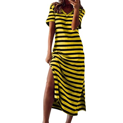 Damen-Sommerkleid, lockere Passform, T-Shirt, Strand, Sonnenkleid, lässig, kurzärmelig, gestreift, hohe Taille, Seitenschlitz, Maxikleider (Gelb, XL) von SUIBOZ