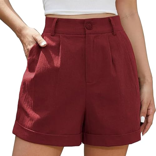 Damen-Sommershorts mit hoher Taille, aus Leinen, aufrollbar, plissiert, mit Reißverschluss, Wickelsaum, weite Bein-Shorts mit Taschen, Rot, Größe L Damen-Sommershorts mit hoher Taille, aus Leinen, aufrollbar, plissiert, mit Reißverschluss, Wickelsaum, weite Bein-Shorts mit Taschen, Rot, Größe L von SUIBOZ