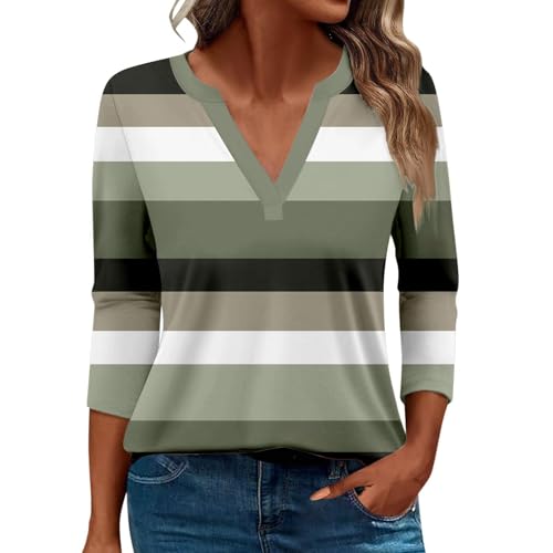 Damen-Top, 3/4-Ärmel, trendig, gestreift, elegant, lässig, Sommer, V-Ausschnitt, Tunika-Shirts (A#Armeegrün, Größe 3XL) von SUIBOZ