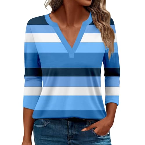 Damen-Top, 3/4-Ärmel, trendig, gestreift, elegant, lässig, Sommer, V-Ausschnitt, Tunika-Shirts (A#blau, M) von SUIBOZ
