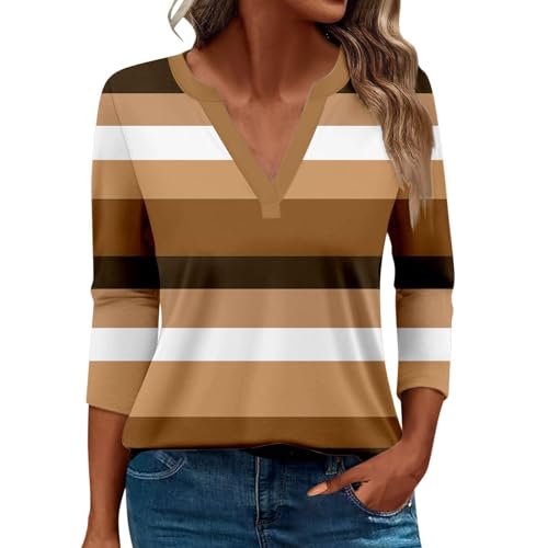 Damen-Top, 3/4-Ärmel, trendig, gestreift, elegant, lässig, Sommer, V-Ausschnitt, Tunika-Shirts (A#gelb, L) von SUIBOZ