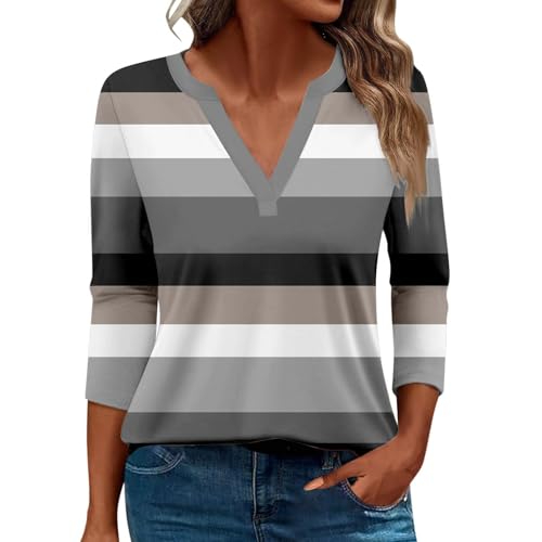 Damen-Top, 3/4-Ärmel, trendig, gestreift, elegant, lässig, Sommer, V-Ausschnitt, Tunika-Shirts (A#grau, M) von SUIBOZ