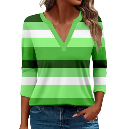 Damen-Top, 3/4-Ärmel, trendig, gestreift, elegant, lässig, Sommer, V-Ausschnitt, Tunika-Shirts (A#grün, S) von SUIBOZ
