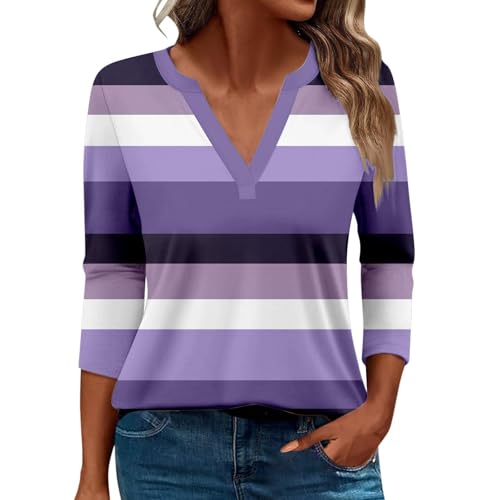 Damen-Top, 3/4-Ärmel, trendig, gestreift, elegant, lässig, Sommer, V-Ausschnitt, Tunika-Shirts (A#lila, S) von SUIBOZ