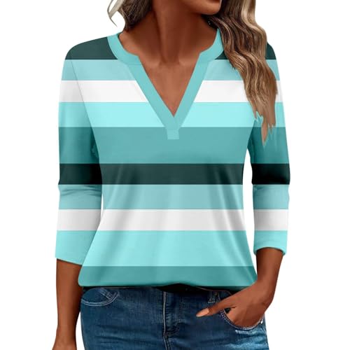 Damen-Top, 3/4-Ärmel, trendig, gestreift, elegant, lässig, Sommer, V-Ausschnitt, Tunika-Shirts (A#mintgrün, M) von SUIBOZ