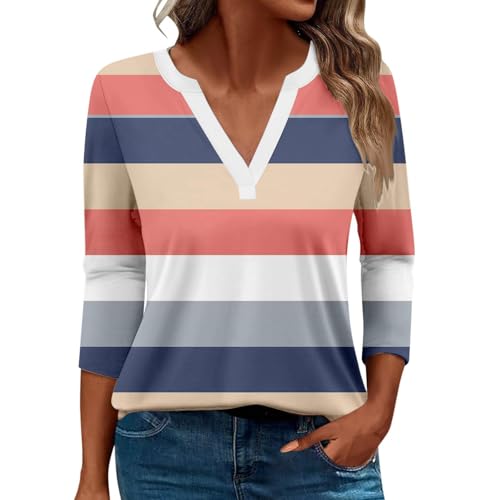 Damen-Top, 3/4-Ärmel, trendig, gestreift, elegant, lässig, Sommer, V-Ausschnitt, Tunika-Shirts (A#rosa, Größe 3XL) von SUIBOZ