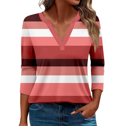 Damen-Top, 3/4-Ärmel, trendig, gestreift, elegant, lässig, Sommer, V-Ausschnitt, Tunika-Shirts (A#rot, S) von SUIBOZ