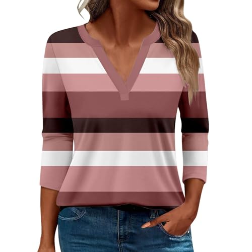 Damen-Top, 3/4-Ärmel, trendig, gestreift, elegant, lässig, Sommer, V-Ausschnitt, Tunika-Shirts (A#weinrot, Größe 3XL) von SUIBOZ