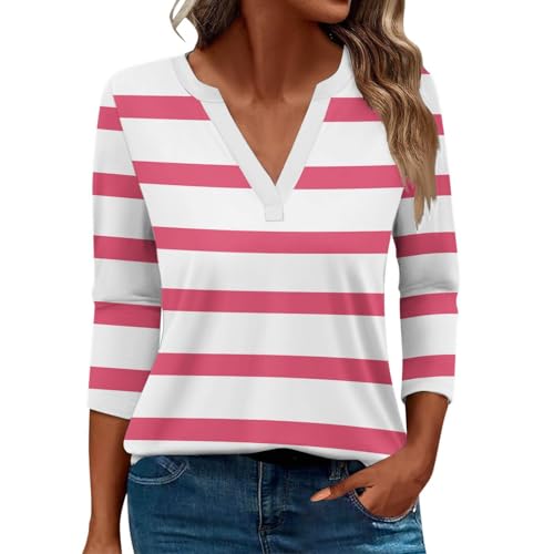 Damen-Top, 3/4-Ärmel, trendig, gestreift, elegant, lässig, Sommer, V-Ausschnitt, Tunika-Shirts (B # Pink, Größe 3XL) von SUIBOZ