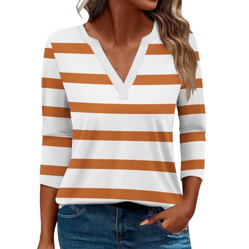 Damen-Top, 3/4-Ärmel, trendig, gestreift, elegant, lässig, Sommer, V-Ausschnitt, Tunika-Shirts (B # Wassermelonenrot, XXL) von SUIBOZ