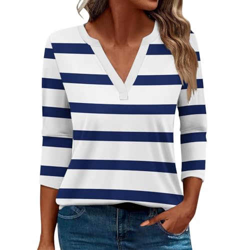 Damen-Top, 3/4-Ärmel, trendig, gestreift, elegant, lässig, Sommer, V-Ausschnitt, Tunika-Shirts (B #blau, Größe 3XL) von SUIBOZ