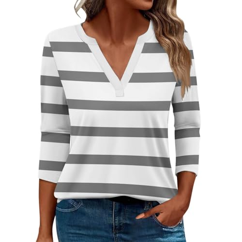Damen-Top, 3/4-Ärmel, trendig, gestreift, elegant, lässig, Sommer, V-Ausschnitt, Tunika-Shirts (B#grau, XXL) von SUIBOZ