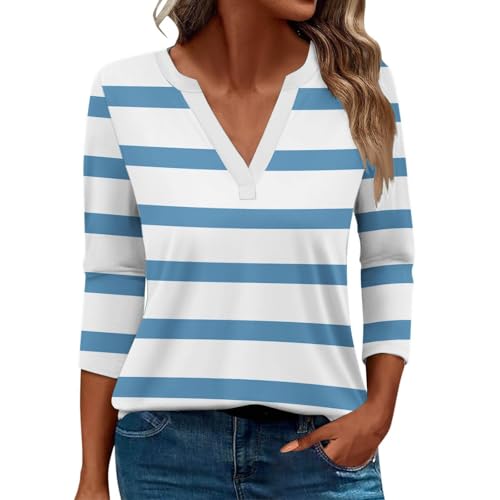 Damen-Top, 3/4-Ärmel, trendig, gestreift, elegant, lässig, Sommer, V-Ausschnitt, Tunika-Shirts (B#himmelblau, Größe 3XL) von SUIBOZ