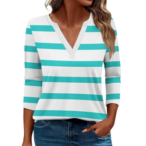 Damen-Top, 3/4-Ärmel, trendig, gestreift, elegant, lässig, Sommer, V-Ausschnitt, Tunika-Shirts (B#mintgrün, L) von SUIBOZ
