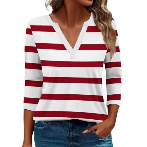 Damen-Top, 3/4-Ärmel, trendig, gestreift, elegant, lässig, Sommer, V-Ausschnitt, Tunika-Shirts (B #rot, S) von SUIBOZ