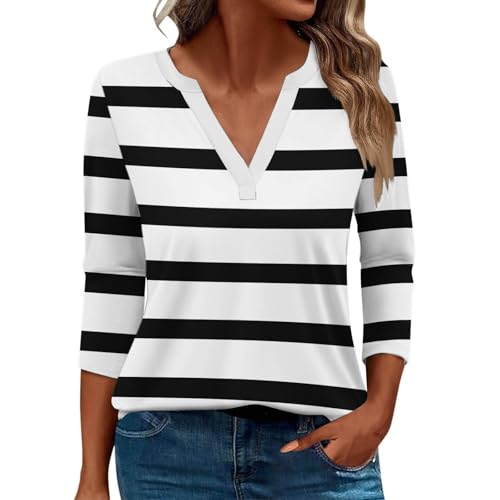 Damen-Top, 3/4-Ärmel, trendig, gestreift, elegant, lässig, Sommer, V-Ausschnitt, Tunika-Shirts (B#schwarz, M) von SUIBOZ