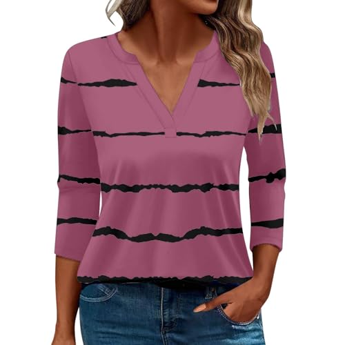 Damen-Top, 3/4-Ärmel, trendig, gestreift, elegant, lässig, Sommer, V-Ausschnitt, Tunika-Shirts (C#Hot Pink, XXL) von SUIBOZ