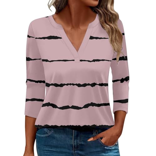 Damen-Top, 3/4-Ärmel, trendig, gestreift, elegant, lässig, Sommer, V-Ausschnitt, Tunika-Shirts (C # Rosa, Größe 3XL) von SUIBOZ