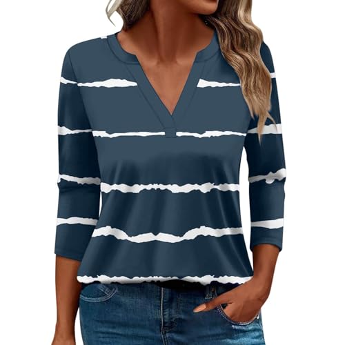 Damen-Top, 3/4-Ärmel, trendig, gestreift, elegant, lässig, Sommer, V-Ausschnitt, Tunika-Shirts (C#blau, S) von SUIBOZ