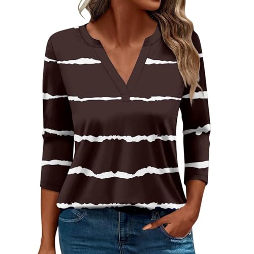 Damen-Top, 3/4-Ärmel, trendig, gestreift, elegant, lässig, Sommer, V-Ausschnitt, Tunika-Shirts (C#braun, M) von SUIBOZ
