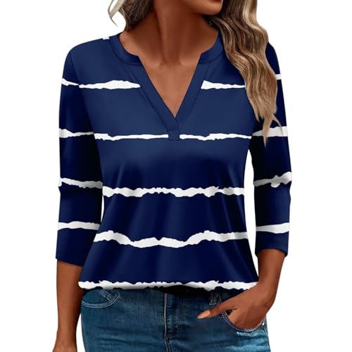 Damen-Top, 3/4-Ärmel, trendig, gestreift, elegant, lässig, Sommer, V-Ausschnitt, Tunika-Shirts (C#dunkelblau, Größe 3XL) von SUIBOZ