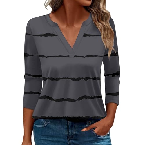 Damen-Top, 3/4-Ärmel, trendig, gestreift, elegant, lässig, Sommer, V-Ausschnitt, Tunika-Shirts (C#dunkelgrau, XXL) von SUIBOZ