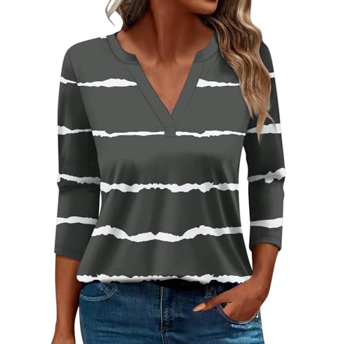 Damen-Top, 3/4-Ärmel, trendig, gestreift, elegant, lässig, Sommer, V-Ausschnitt, Tunika-Shirts (C#grau, S) von SUIBOZ