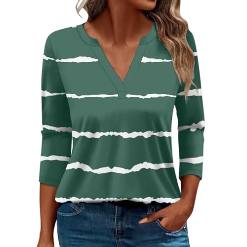 Damen-Top, 3/4-Ärmel, trendig, gestreift, elegant, lässig, Sommer, V-Ausschnitt, Tunika-Shirts (C#grün, XXL) von SUIBOZ