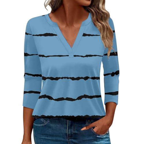 Damen-Top, 3/4-Ärmel, trendig, gestreift, elegant, lässig, Sommer, V-Ausschnitt, Tunika-Shirts (C#himmelblau, Größe 3XL) von SUIBOZ