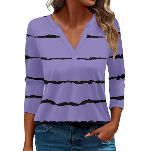 Damen-Top, 3/4-Ärmel, trendig, gestreift, elegant, lässig, Sommer, V-Ausschnitt, Tunika-Shirts (C#lila, XL) von SUIBOZ
