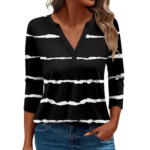 Damen-Top, 3/4-Ärmel, trendig, gestreift, elegant, lässig, Sommer, V-Ausschnitt, Tunika-Shirts (C#schwarz, M) von SUIBOZ